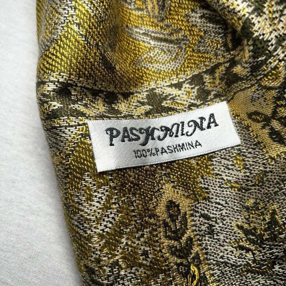 100% Pashmina Cashmere Wrap Scarf in Green Reversible Print with Fringe